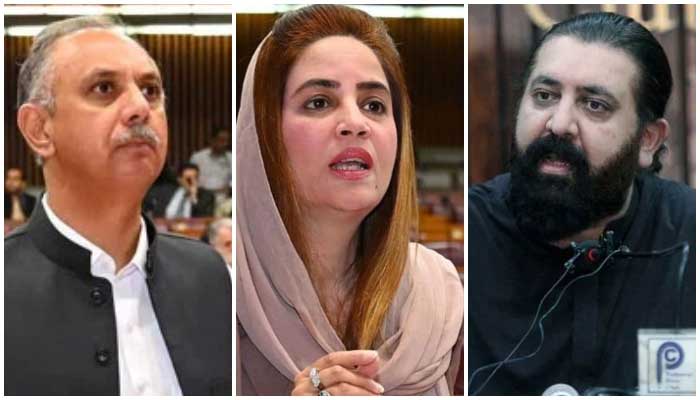(From left to right) PTI leaders Omar Ayub, Zartaj Gul and Sheikh Waqas Akram. — X@NAofPakistan/Facebook@ZartajGulWazirOfficial/PPI/File