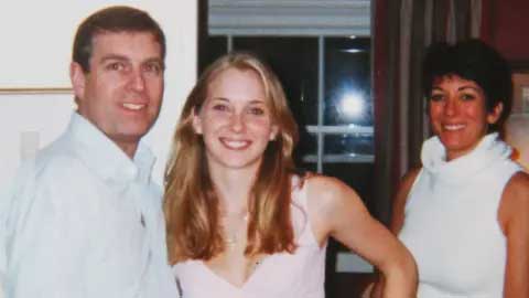Andrew with Virginia Giuffre and Ghislaine Maxwell (extreme right)