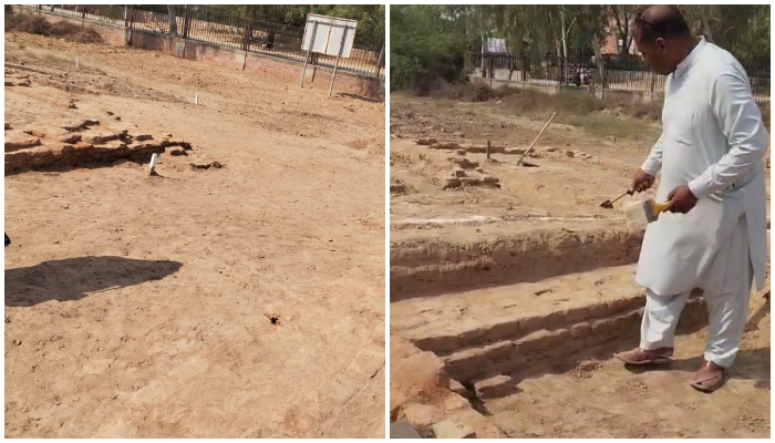 This collage shows excavation site in Harappa where archaeologists discover 16th-century caravanserai. — Reporter
