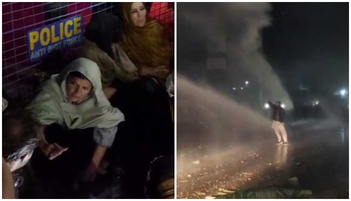 This collage shows PTI founder Imran Khans sister staging sit-in at Factory checkpoint near Rawalpindis Adiala jail while another picture shows police using water cannon to disperse PTI workers. — Screengrab via Geo News