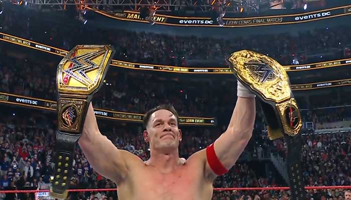 WWE wrestler John Cena gestures after his final match on December 14, 2025. — X@WWE