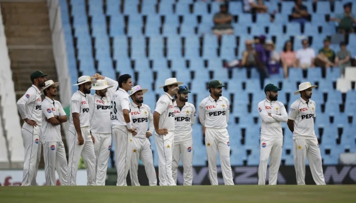 Pakistan players pause in anticipation after reviewing a caught-behind appeal during Day 4 of the first Test against South Africa in Centurion on December 29, 2024. — AFP