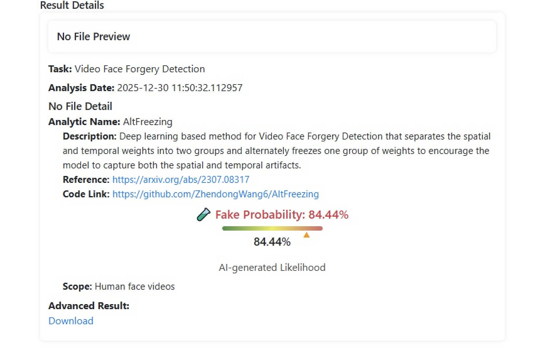 Caption: A screenshot of the University of Buffalos deepfake-o-meter tool reading of the false clip