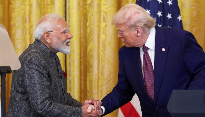 USPresident Donald Trump and Indian Prime Minister Narendra Modi shake hands as they attend a joint press conference at the White House in Washington, DC US on February 13, 2025. — Reuters