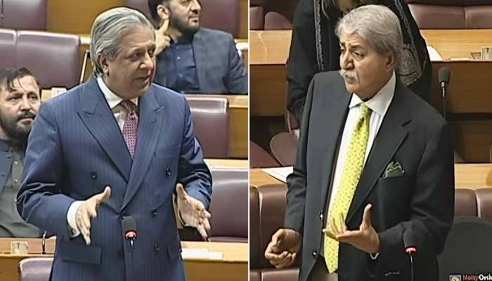 (From left) Federal Minister for Law and Justice Azam Nazeer Tarar and Pakistan Peoples Party lawmaker Naveed Qamar during National Assembly session at Paraliament House, Islamabad, January 12, 2026. — Screengrab via YouTube/National Assembly