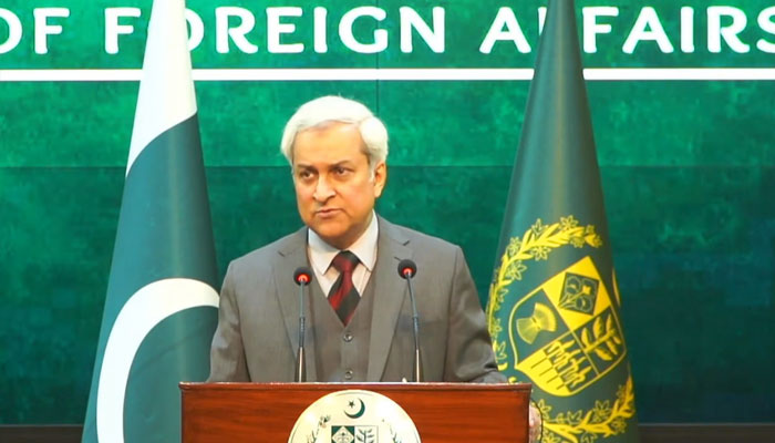Foreign Office spokesperson Tahir Hussain Andrabi addresses the weekly press briefing on January 15, 2026. — Screengrab via Geo News
