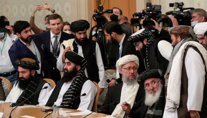Head of the Taliban delegation Abdul Salam Hanafi and other members of the delegation take part in international talks on Afghanistan in Moscow, Russia, October 20, 2021. — Reuters