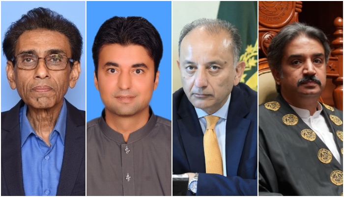 This collage shows from left to right MQM-P Chairman Khalid Maqbool Siddiqui, PTI Senator Murad Saeed, Federal Minister for Climate Change Dr Musadik Malik and Sindh Assembly Speaker Syed Awais Qadir Shah. — National Assembly of Pakistan/Minstry of Climate Change/X@pasgovofficial