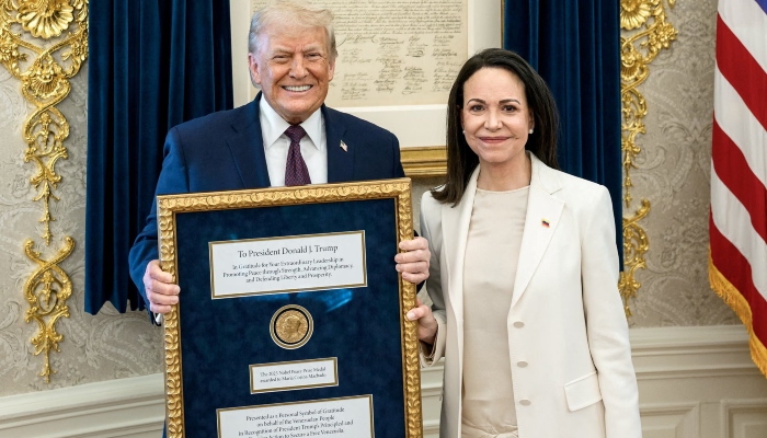 US President Trump meets Venezuelan opposition leader Maria Corina Machado in the Oval Office, during which she presented the President with her Nobel Peace Prize, in Washington, DC, US, released January 15, 2026. — Reuters