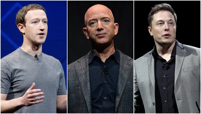 From left: CEO of Meta Mark Zuckerberg, Founder of Amzon Jeff Bezos and Tesla CEO Elon Musk. — Reuters