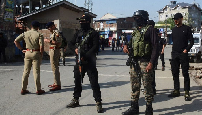 Indian police officers stand guard outside the police control room in Srinagar, Indian Illegally Occupied Jammu and Kashmirs (IIOJK), April 23, 2025. — Reuters