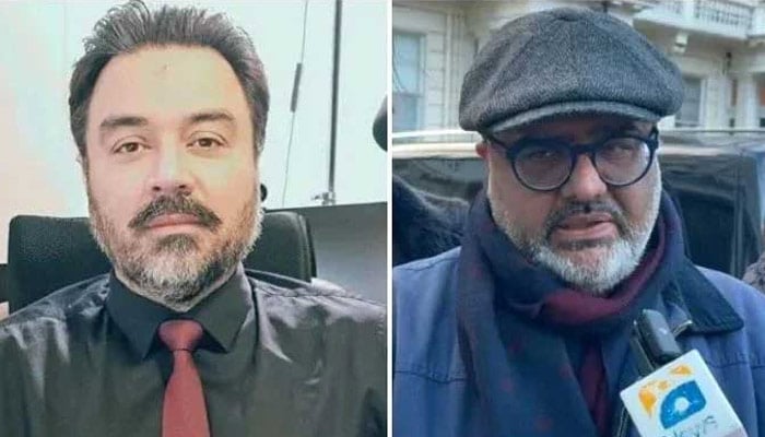 A collage showing former adviser to PM Shahzad Akbar (left) and Major (retired) Adil Raja. — Geo News/Murtaza Ali Shah