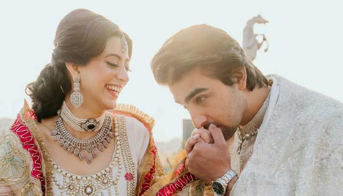 Newlywed showbiz couple Khaqan Shahnawaz and Sabeena Syed pose during their wedding photoshoot on January 30, 2026. — Instagram/@khaqanshahnawaz