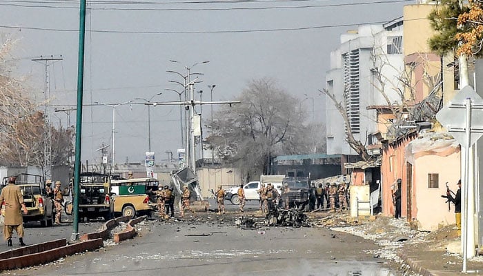 Security personnel inspect the blast site after an attack by terrorists in Quetta, Balochsitan on January 31, 2026. — AFP