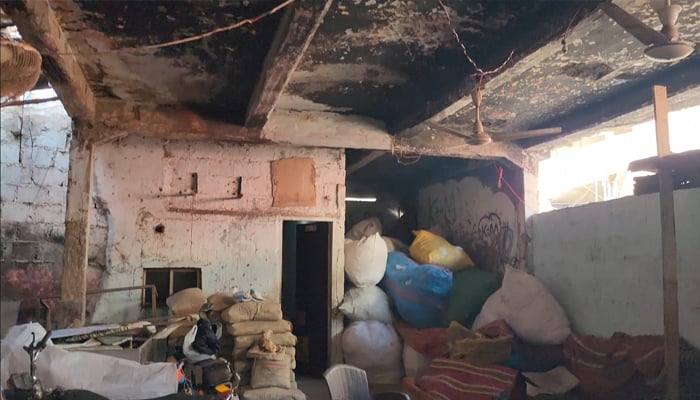 This picture shows the state of disrepair at under-construction fire station at Bolton Market, one of oldest and busiest commercial centres in Karachi. — Reporter