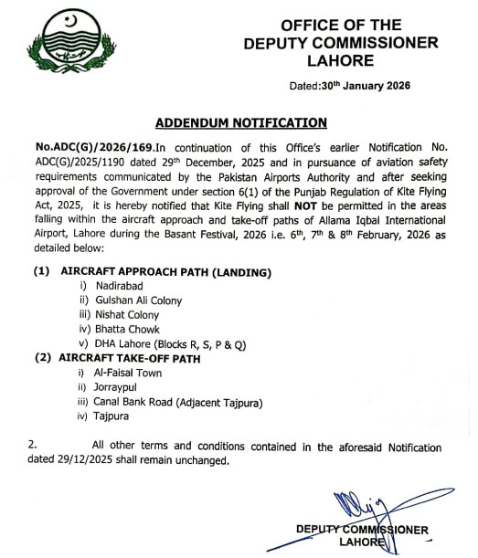 Kite flying banned in areas near Lahore airport