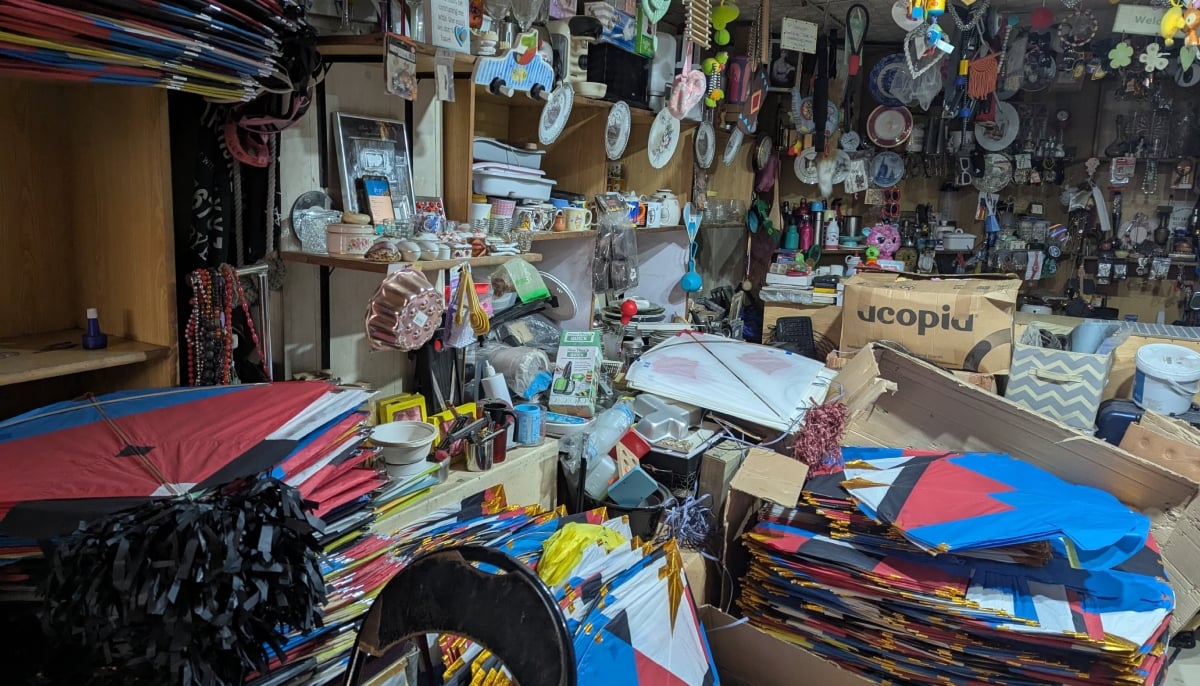 Kites and other paraphernalia is seen stacked at a shop in Lahore. — Photo by Geo.tv