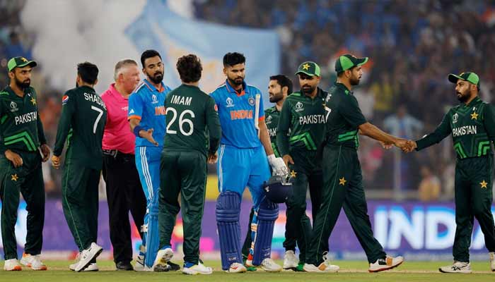 Pakistans players shake hands with Indian players during ICC Cricket World Cup 2023 in Narendra Modi Stadium, Ahmedabad, India. — Reuters/File