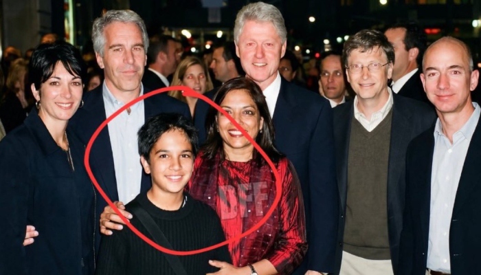 An AI-generated image circulating online purports to show New York City Mayor Zohran Mamdani as a child with his mother, director Mira Nair, disgraced financier Jeffrey Epstein and Epstein associate Ghislaine Maxwell, alongside Amazon Chair Jeff Bezos, billionaire philanthropist Bill Gates and former US President Bill Clinton, in this undated illustration. — X/@RealAlexJones