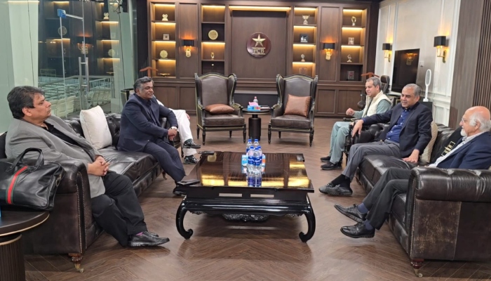 PCB chairman Mohsin Naqvi meets BCB president Aminul Islam and ICC deputy chairman Imran Khwaja at Gaddafi Stadium, Lahore, February 8, 2026. — X/PCB