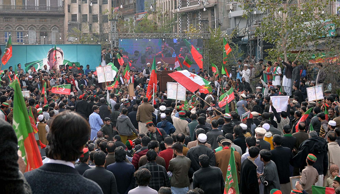 Pakistan Tehreek-e-Insaf supporters hold protest demonstration against alleged massive rigging in the February 8, 2024 general elections in Peshawar, February 8, 2026. — PPI Images