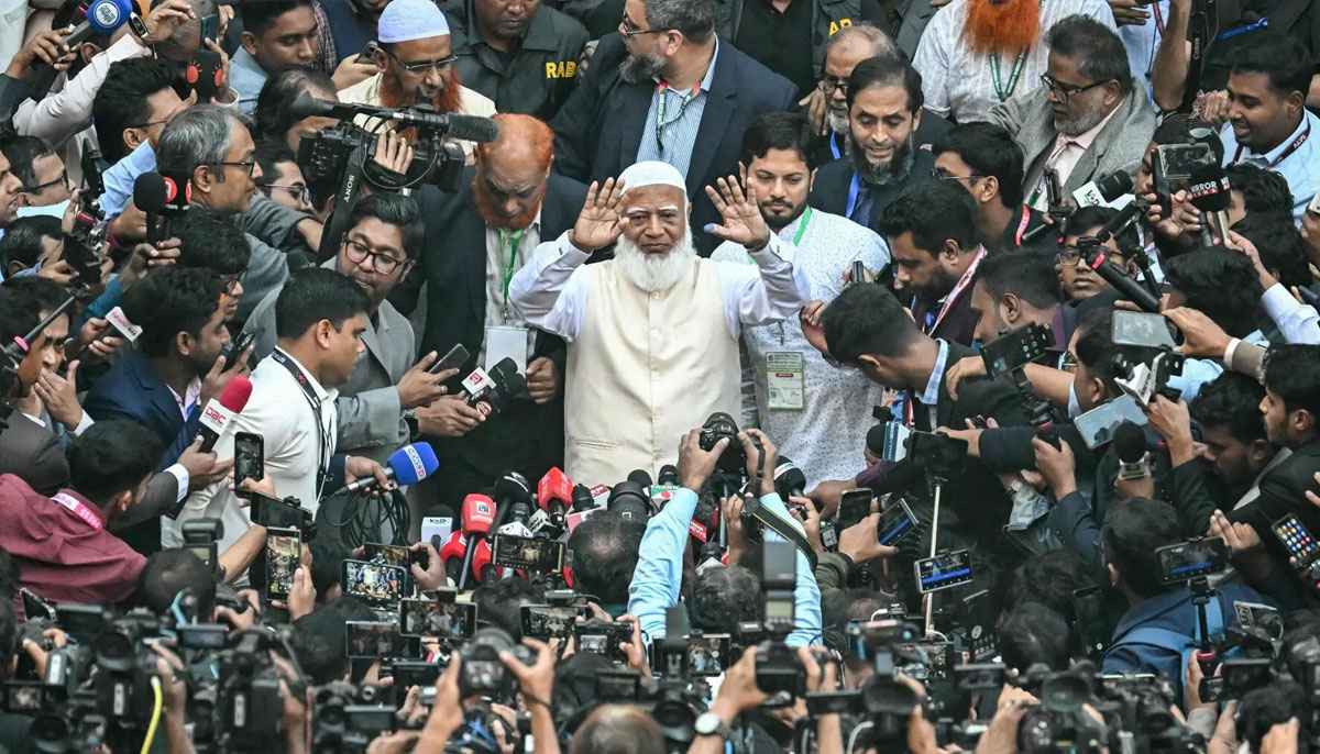 Bangladesh Jamaat-e-Islami party leader Shafiqur Rahman (centre) gestures to the media after casting his vote at a polling station during Bangladesh’s general election in Dhaka on February 12, 2026. — AFP