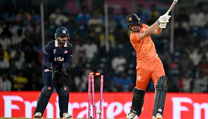 Netherlands Zach Lion-Cachet is clean bowled during the 2026 ICC Mens T20 Cricket World Cup group stage match between Netherlands and USA at MA Chidambaram Stadium in Chennai on February 13, 2026. — AFP