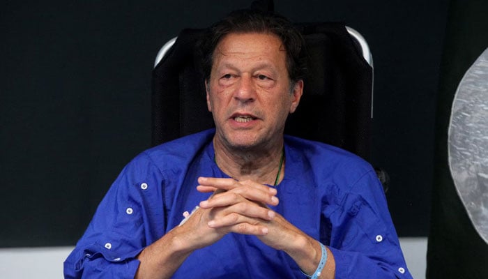 Former prime minister Imran Khan addresses a news conference after he was wounded following a shooting incident during a long march in Wazirabad, at the Shaukat Khanum Memorial Cancer Hospital & Research Centre in Lahore, November 4, 2022. — Reuters