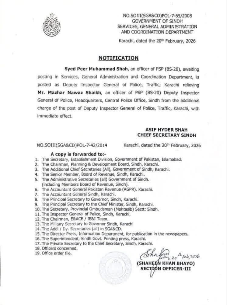 Peer Muhammad Shah posted as Karachi traffic police chief again