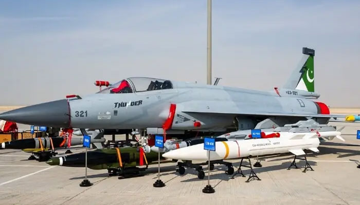 Pakistan’s JF-17 Thunder Block III fighter jet pictured at the Dubai airshow on November 20, 2025. — ISPR