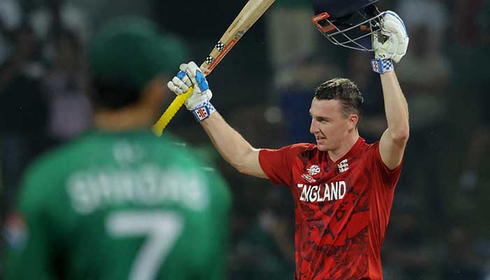 Englands Harry Brook celebrates after reaching his century during the 2026 ICC Mens T20 Cricket World Cup Super Eights match between England and Pakistan at the Pallekele International Cricket Stadium in Kandy on February 24, 2026. — Reuters