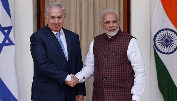 Israeli Prime Minister Benjamin Netanyahu (left) shakes hands with his Indian counterpart Narendra Modi  ahead of their meeting at Hyderabad House in New Delhi, India, January 15, 2018. — Reuters