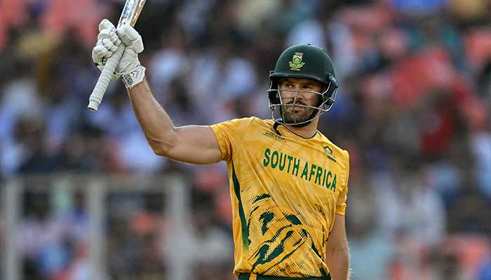 South Africas captain Aiden Markram celebrates after scoring a half-century (50 runs) during the 2026 ICC Mens T20 Cricket World Cup Super Eights match between West Indies and South Africa at Narendra Modi Stadium in Ahmedabad on February 26, 2026. — AFP