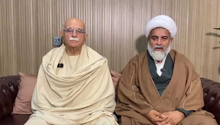 This undated photo shows Pashtunkhwa Milli Awami Party (PkMAP) Chief Mahmood Khan Achakzai (left) and Majlis Wahdat-e-Muslimeen (MWM) chief Allama Raja Nasir Abbas. — Screengrab via X/@MKAchakzaiPKMAP