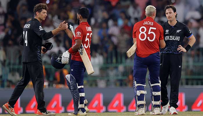 Englands Will Jacks and Rehan Ahmed with New Zealands Mitchell Santner and Matt Henry after the match. — Reuters
