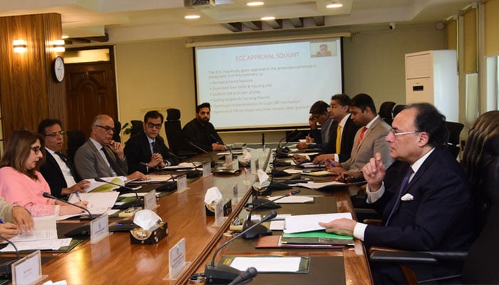 Federal Minister for Finance and Revenue Senator Muhammad Aurangzeb (right) chairing a meeting of the Economic Coordination Committee (ECC) of the Cabinet at the Finance Division in Islamabad on February 27, 2026. — X@Financegovpk