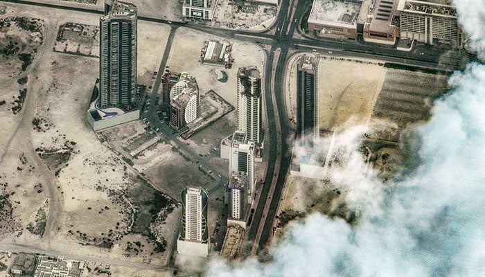 A satellite image shows the Breaker residential tower in Seef, Bahrain on March 2, 2026. — Reuters