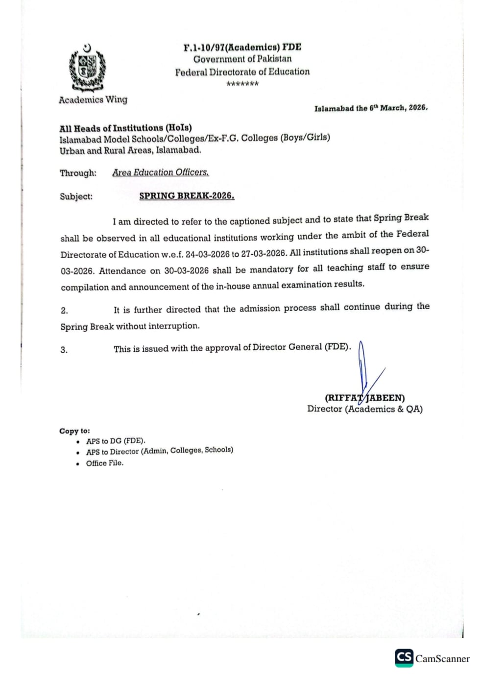Three-day holiday announced for Islamabad schools from March 24