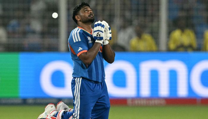 Indias Sanju Samson prays as he celebrates his teams win against West Indies at the end of their 2026 ICC Mens T20 Cricket World Cup Super Eights match in the Eden Gardens, Kolkata on March 1, 2026. — AFP