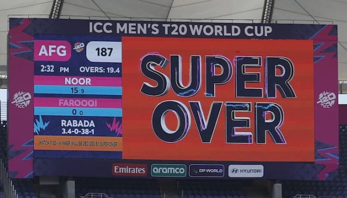 The screen signals the match is going into a Super Over, Afghanistan vs South Africa, T20 World Cup, Ahmedabad, February 11, 2026. — ICC