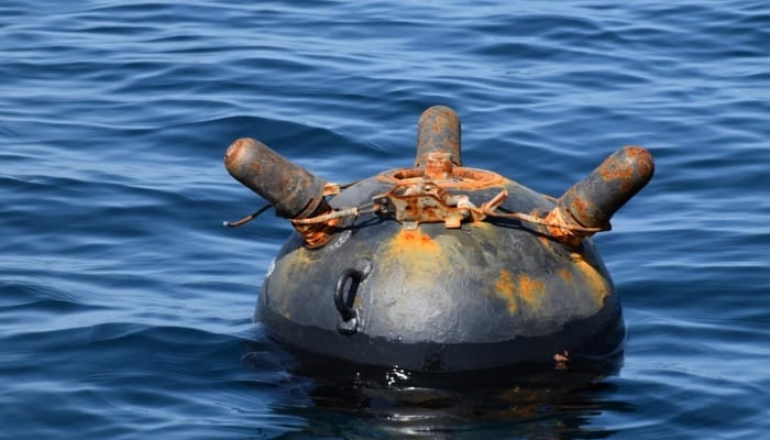 A drifting sea mine, recovered in the Black Sea on March 28, 2022, after mines began appearing in regional waters during the peak of the Russia-Ukraine war. —Romanian Navy