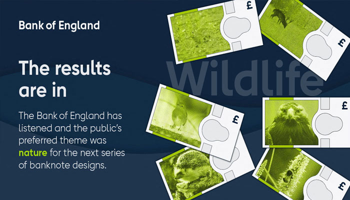 Mock-ups of banknotes featuring wildlife are shown, after the public chose that theme from the suggested options of a consultation held by the Bank of England for the next series of banknote designs, in this handout image on March 10, 2026. — Reuters