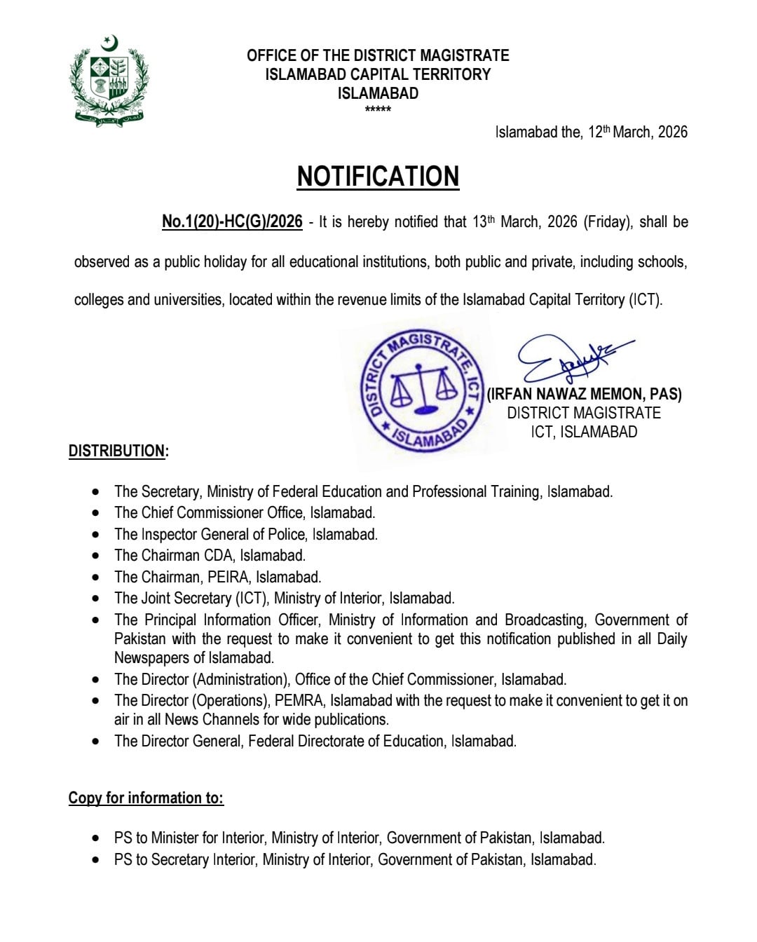Islamabad schools to remain closed today