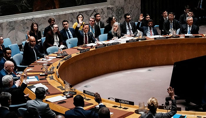 Members of the United Nations Security Council vote in favour of a sanctions resolution regarding the situation in Iran and the Middle East at UN headquarters in New York City, US, March 12, 2026. — Reuters