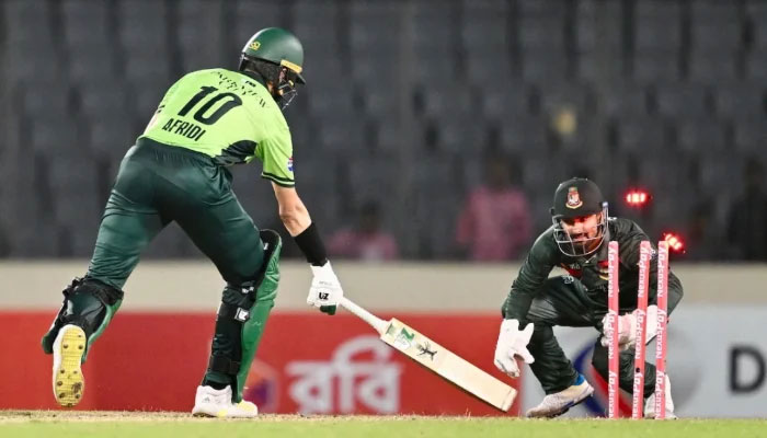 Bangladeshs wicketkeeper Litton Das (right) stumps Pakistan captain Shaheen Shah Afridi during the third ODI match at Sher-e-Bangla National Stadium in Mirpur on March 15, 2026.— AFP