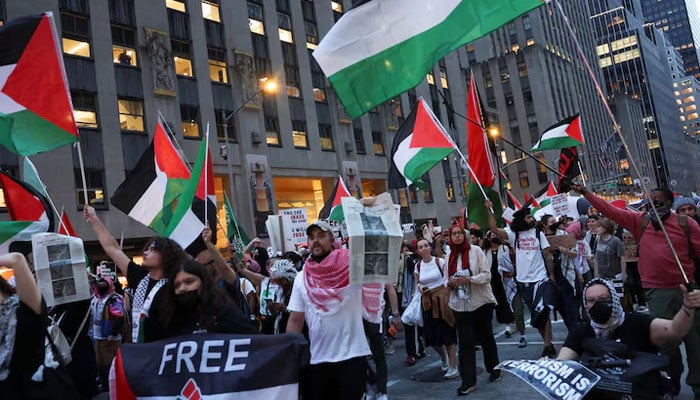 Demonstrators attend a pro-Palestinian protest on the day of the two-year anniversary of the attack on Israel by Hamas, in New York City, US, October 7, 2025. — Reuters