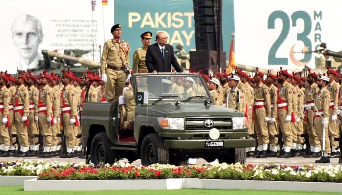 President Asif Ali Zardari observes the military parade during the Pakistan Day Parade ceremony, at Shakarparian Parade Ground, Islamabad, March 23, 2024. — INP