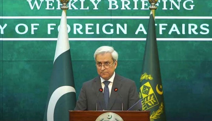 Foreign Office spokesperson Tahir Hussain Andrabi addresses the weekly press briefing on October 24, 2025. — Screengrab via Geo News/File