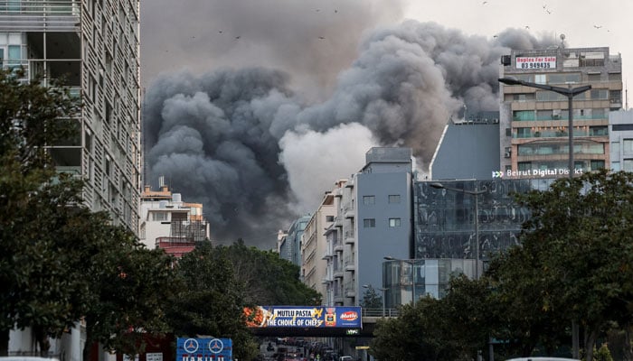Smoke rises after an Israeli strike in central Beiruts Bachoura neighbourhood, following an escalation between Hezbollah and Israel, amid the US-Israeli conflict with Iran, in Beirut, Lebanon, March 12, 2026.— Reuters