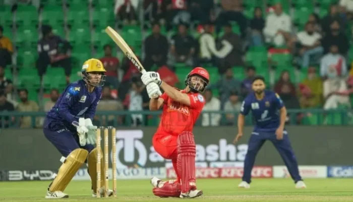 Mohammad Nawaz plays a shot during the Pakistan Super League (PSL) 10 match between Islamabad United and Quetta Gladiators at the Gaddafi Stadium in Lahore on May 3, 2025. — PCB